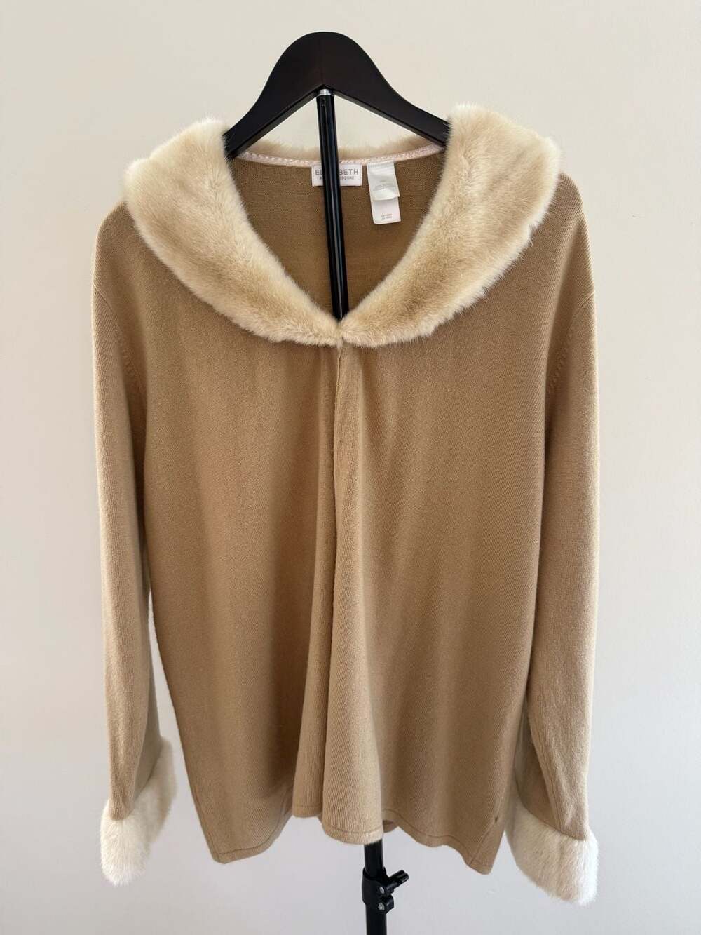 Vintage Y2K Elisabeth by Liz Claiborne Camel Faux Fur Trim Cardigan Sweater-2X